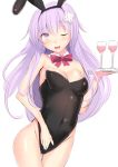  ;d animal_ears bare_shoulders black_leotard blush breasts bunny_ears bunnysuit cleavage covered_navel cowboy_shot cup d-pad d-pad_hair_ornament daiaru detached_collar drinking_glass hair_ornament holding holding_tray leotard long_hair nepgear neptune_(series) one_eye_closed open_mouth purple_eyes purple_hair simple_background skin_tight smile solo tray white_background 