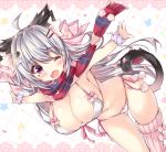  ;o ahoge animal_ear_fluff animal_ears ass_visible_through_thighs asymmetrical_legwear bangs bikini blush bow breasts cat_ears cat_girl cat_hair_ornament cat_tail cleavage commentary_request eyebrows_visible_through_hair fang fringe_trim gluteal_fold hair_between_eyes hair_bow hair_ornament hairclip highres large_breasts long_hair navel one_eye_closed ooji_cha open_mouth original outstretched_arms oziko_(ooji_cha) pink_bow pink_legwear plaid plaid_bow purple_eyes ribbed_legwear scarf scrunchie side-tie_bikini silver_hair single_thighhigh solo spread_arms swimsuit tail tail_raised thighhighs very_long_hair white_bikini white_scrunchie wrist_scrunchie 