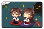  :d akagi_(kantai_collection) artist_name black_legwear blue_hakama brown_eyes brown_hair chibi closed_eyes cushion eating food food_on_face hair_between_eyes hakama hakama_skirt holding holding_food ink_bottle japanese_clothes kaga_(kantai_collection) kantai_collection long_hair minigirl multiple_girls onigiri open_mouth paper red_hakama seiza short_hair side_ponytail sitting smile sparkle taisa_(kari) tasuki thighhighs white_legwear 