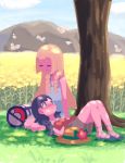  absurdres bag bangs bare_shoulders black_hair blonde_hair blue_eyes blue_sky blunt_bangs blush braid closed_eyes cloud commentary_request cutiefly day deathroling dress field flower flower_field gen_7_pokemon hat hat_flower highres lap_pillow lillie_(pokemon) long_hair lying mizuki_(pokemon) multiple_girls no_hat no_headwear on_back pokemon pokemon_(creature) pokemon_(game) pokemon_usum red_flower sandals shadow shirt sitting sky sleeveless sleeveless_dress sleeveless_shirt sun_hat sweat tree twin_braids yellow_flower yuri 