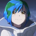  blue_hair blush closed_mouth commentary darling_in_the_franxx earth-chan half-closed_eyes ichigo_(darling_in_the_franxx) original parody r-4_(area_d366) sad short_hair sky solo tearing_up tears wavy_mouth yellow_eyes 
