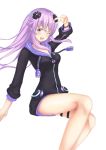  ;d adult_neptune bare_legs blush breasts cleavage d-pad d-pad_hair_ornament hair_ornament hand_up highres hinakurukuru hood hooded_jacket jacket long_hair looking_at_viewer medium_breasts neptune_(series) one_eye_closed open_mouth purple_eyes purple_hair shin_jigen_game_neptune_vii simple_background sitting smile solo thigh_strap v white_background 