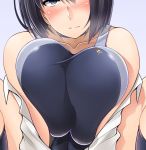  black_hair blue_eyes blush breasts commentary_request competition_swimsuit highres large_breasts looking_at_viewer one-piece_swimsuit original saizu_nitou_gunsou short_hair smile solo swimsuit 