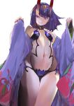  1girl bare_shoulders breasts eyeliner fate/grand_order fate_(series) hair_ornament highres horns japanese_clothes kimono kiriyama makeup navel oni open_clothes open_kimono purple_eyes purple_hair red_eyes short_hair shuten_douji_(fate/grand_order) simple_background sleeves_past_wrists solo white_background 