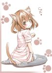  alternate_costume animal_ears black_legwear brown_eyes brown_hair cat_day cat_ears cat_tail commentary_request dress fang from_behind fujishima_shinnosuke ikazuchi_(kantai_collection) kantai_collection kemonomimi_mode looking_at_viewer paw_pose paw_print pink_stripes short_hair sitting solo striped striped_dress tail thighhighs wariza white_dress 