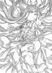  arulumaya boots bracelet crescent crescent_hair_ornament dress granblue_fantasy greyscale hair_ornament harvin highres jewelry long_hair looking_at_viewer monochrome no_nose open_hands palms pointy_ears solo thigh_boots thighhighs toriudonda zettai_ryouiki 