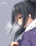  black_hair blush breath eyebrows_visible_through_hair fang from_side fur_trim grey_background holding kantai_collection long_hair long_sleeves looking_away looking_down male_focus nachi_(kantai_collection) natsunoyuu open_mouth orange_eyes ponytail profile shiny shiny_hair short_hair sideways_mouth signature simple_background snowing solo upper_body v-shaped_eyebrows 