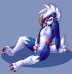  2017 3_fingers 3_toes anthro black_nose bulge canine claws clothed clothing costume digital_drawing_(artwork) digital_media_(artwork) drooling exavier fursuit lycanroc male mammal midnight_lycanroc nintendo pok&eacute;mon pok&eacute;mon_(species) saliva shiny_pok&eacute;mon simple_background smile solo teeth toes tongue tongue_out video_games 