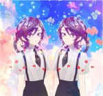  amethyst_(houseki_no_kuni) androgynous bamil_(kombami) braid colored_eyelashes flower gem_uniform_(houseki_no_kuni) highres houseki_no_kuni looking_at_viewer multiple_others necktie petals purple_eyes purple_hair siblings suspenders twins 