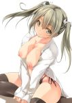  alternate_breast_size bangs black_panties breasts breasts_outside collarbone commentary_request eyebrows_visible_through_hair green_eyes grey_hair hair_between_eyes hair_ribbon kantai_collection large_breasts long_hair looking_at_viewer nipples open_clothes panties ribbon shirt side-tie_panties sidelocks sitting sleeves_past_wrists smile solo takase_muu twintails underwear white_background white_ribbon white_shirt zuikaku_(kantai_collection) 