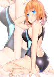 1girl :o arm_up ass bangs barefoot black_swimsuit blue_eyes blush breasts competition_swimsuit eyebrows_visible_through_hair feet from_behind hand_behind_head highres large_breasts looking_at_viewer looking_back one-piece_swimsuit open_mouth orange_hair original sideboob simple_background sitting soles solo swimsuit takeyuu thighs toes towel wariza wet white_background zoom_layer 