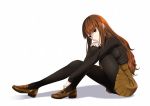  bangs black_legwear black_sweater breasts brown_eyes brown_footwear brown_hair brown_skirt eyebrows_visible_through_hair fate/extra fate_(series) from_side full_body highres kishinami_hakuno_(female) leg_hug loafers medium_breasts panties panties_under_pantyhose pantyhose ribbed_sweater shoes sitting skirt solo sweater tawagoto_dukai_no_deshi underwear 