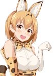  :d absurdres animal_ears bare_shoulders blonde_hair bow bowtie breasts brown_eyes elbow_gloves extra_ears gloves head_tilt high-waist_skirt highres kemono_friends looking_at_viewer medium_breasts nemo_1988 open_mouth paw_pose serval_(kemono_friends) serval_ears serval_print serval_tail shirt short_hair simple_background skirt sleeveless sleeveless_shirt smile solo tail tareme upper_body white_background white_shirt 