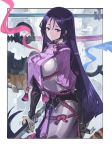  andrian_gilang bangs black_gloves blue_eyes bodysuit breasts fate/grand_order fate_(series) gloves highres katana large_breasts long_hair low-tied_long_hair minamoto_no_raikou_(fate/grand_order) parted_bangs purple_bodysuit purple_eyes purple_hair rope solo sword very_long_hair weapon 