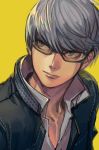  black_jacket closed_mouth collared_shirt glasses grey-framed_eyewear grey_eyes grey_hair hankuri jacket looking_to_the_side male_focus narukami_yuu persona persona_4 shirt simple_background solo upper_body white_shirt wing_collar yellow_background 