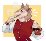  alcohol beverage daflummify drugs jack_daniels male marijuana sergal simple_background smoke smoking sneezy_mcyeezy solo varsity_jacket whiskey 