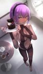  announ_(kurotya) bare_shoulders black_hairband blush breasts cake center_opening fate/grand_order fate_(series) food foreshortening from_above full_body hairband hassan_of_serenity_(fate) highres lips medium_breasts navel purple_eyes purple_hair short_hair skull_mask 