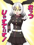  :d alternate_skirt bald_eagle_(kemono_friends) bangs belt black_jacket black_skirt blush commentary_request cowboy_shot eyebrows_visible_through_hair gloves gradient_hair hair_between_eyes hand_on_hip head_wings jacket kemono_friends looking_at_viewer medium_hair multicolored_hair open_mouth pantyhose pleated_skirt pointing pointing_at_viewer skirt smile solo source_quote_parody tail totokichi translated white_gloves white_hair yellow_eyes 