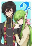  1girl ashford_academy_uniform bangs black_hair black_jacket blue_background bow c.c. closed_mouth code_geass couple creayus eyebrows_visible_through_hair fingernails green_hair hair_between_eyes hair_bow hands_on_another's_shoulder hetero jacket lelouch_lamperouge long_hair long_sleeves looking_at_viewer parted_lips pink_bow purple_eyes school_uniform simple_background smile standing yellow_eyes 