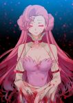  blood blood_splatter bloody_clothes breasts cleavage closed_mouth code_geass commentary creayus double_bun dress empty_eyes euphemia_li_britannia flower glowing glowing_eyes half-closed_eyes large_breasts lips long_hair long_sleeves looking_down pink_eyes pink_flower pink_hair pink_lips pink_rose purple_dress rose smile solo sparks spoilers standing white_flower 