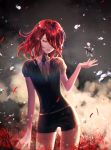  androgynous clearpage crying crying_with_eyes_open flower gem_uniform_(houseki_no_kuni) hair_over_one_eye highres houseki_no_kuni looking_at_viewer mercury necktie red_eyes shinsha_(houseki_no_kuni) short_hair shorts solo spider_lily tears 