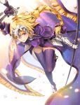  banner blonde_hair blush boots braid breasts capelet chain commentary_request dress eyebrows_visible_through_hair fate/apocrypha fate_(series) headpiece highres holding holding_sword holding_weapon hoshizaki_reita jeanne_d'arc_(fate) jeanne_d'arc_(fate)_(all) large_breasts light_smile long_hair looking_at_viewer parted_lips purple_capelet purple_dress purple_eyes purple_legwear single_braid solo sword thighhighs weapon 
