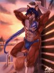  alty anthro beach bulge canine clothing fox looking_at_viewer male mammal muscular muscular_male outside pecs seaside shower smile solo standing tattoo underwear zephyxus 