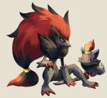  commentary creature facial_mark flute full_body fushigi_no_dungeon gen_5_pokemon glitchedpuppet grey_background highres instrument no_humans pokemon pokemon_(creature) pokemon_(game) pokemon_fushigi_no_dungeon red_hair simple_background sitting tied_hair yellow_eyes zoroark zorua 