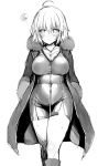  ahoge blue_gk breasts coat dress fate/grand_order fate_(series) fur-trimmed_jacket fur_trim greyscale highres jacket jeanne_d'arc_(alter)_(fate) jeanne_d'arc_(fate)_(all) monochrome open_clothes open_jacket short_dress short_hair sketch solo wicked_dragon_witch_ver._shinjuku_1999 