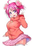  :d ahoge blush breasts cowboy_shot eyebrows_visible_through_hair hair_ornament hairclip hand_up jacket large_breasts looking_at_viewer onsoku_maru open_mouth orange_jacket pig_macaron_(show_by_rock!!) pink_hair pink_skirt purple_eyes short_hair show_by_rock!! simple_background skindentation skirt sleeves_past_wrists smile solo standing star star_hair_ornament thighhighs twintails w white_background white_legwear wind wind_lift x_hair_ornament 