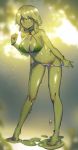  anklet bad_id bad_pixiv_id barefoot bikini blush bracelet breasts criss-cross_halter goo_girl green_eyes green_skin halter_top halterneck highres jewelry large_breasts looking_at_viewer ludaf monster_girl original slime smile solo swimsuit 