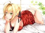  ahoge ass blonde_hair blush bow bowtie breasts cleavage dress fate/extra fate/grand_order fate_(series) green_eyes hair_bow hair_intakes looking_at_viewer lying medium_breasts modern_costume_of_crimson nero_claudius_(fate) nero_claudius_(fate)_(all) on_bed on_stomach panties pon_(ponidrop) smile underwear 