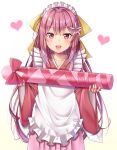  :d alternate_costume apron commentary_request flower gift gurande_(g-size) hair_flower hair_ornament hair_ribbon heart highres holding holding_gift kamikaze_(kantai_collection) kantai_collection long_hair looking_at_viewer maid_apron maid_headdress open_mouth pink_hair ribbon simple_background smile solo wa_maid 