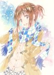  :d agahari bangs blue_scarf blue_skirt brown_eyes brown_hair calligraphy_brush_(medium) cardigan checkered checkered_scarf checkered_skirt colored_pencil_(medium) eyebrows_visible_through_hair fingernails hands_up highres long_sleeves looking_at_viewer open_mouth original ponytail scarf short_hair skirt sleeves_past_wrists smile solo traditional_media upper_body vest 