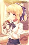  :t ahoge artoria_pendragon_(all) blonde_hair blue_bow blue_neckwear blue_skirt blush bow bowtie closed_mouth collared_shirt day eating fal fate/stay_night fate_(series) food green_eyes hair_bow helmet holding holding_food long_sleeves outdoors ponytail road saber shiny shiny_hair shirt short_hair sidelocks skirt solo sparkling_eyes steam street sweet_potato upper_body v-shaped_eyebrows wrapper 