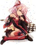  alternate_costume belt bikini_top black_footwear black_jacket black_skirt boots checkered checkered_flag chloe_von_einzbern closed_mouth collarbone confetti criss-cross_halter dark_skin fate/kaleid_liner_prisma_illya fate_(series) finger_to_mouth flag full_body glint hair_ribbon halterneck heart holding holding_flag jacket knee_up long_hair long_sleeves looking_at_viewer miniskirt mismatched_footwear multicolored multicolored_eyes off_shoulder one_side_up open_clothes open_jacket pink_hair race_queen red_bikini_top red_eyes red_footwear red_ribbon ribbon shiny shiny_hair side_slit simple_background single_bare_shoulder sitting skirt sleeves_past_wrists smile solo thigh_boots thighhighs unzipped white_background yellow_eyes yimu 