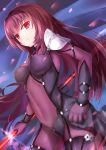  absurdres armor bangs bodysuit breasts covered_navel cowboy_shot dutch_angle eyebrows_visible_through_hair fate/grand_order fate_(series) from_side gae_bolg hair_intakes highres holding holding_weapon koi0806 large_breasts long_hair looking_at_viewer pauldrons petals polearm purple_bodysuit purple_hair red_eyes scathach_(fate)_(all) scathach_(fate/grand_order) shoulder_armor solo spear standing veil weapon 