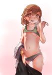  1girl bandaid bandaid_on_face blush breasts breasts_outside brown_eyes brown_hair buruma empty_eyes eyebrows eyebrows_visible_through_hair female flat_chest kantai_collection looking_at_viewer navel nipples oboro_(kantai_collection) open_mouth shirt_lift short_hair small_breasts solo sports_bra standing sweat zhui 
