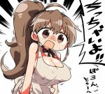  ahoge apron bangs black_neckwear bow bowtie breasts brown_apron brown_eyes brown_hair cleavage collarbone eyebrows_visible_through_hair hair_between_eyes high_ponytail kanikama large_breasts long_hair looking_at_viewer lowres naked_apron open_mouth partially_translated ponytail solo sweat taneshima_popura translation_request very_long_hair working!! 