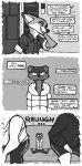  anthro bear canine clothing coat comic dialogue disney duke_weaselton fox fur luraiokun male mammal monochrome mustelid necktie nick_wilde polar_bear sofa text weasel zootopia 