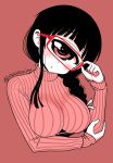  :o adjusting_eyewear blush breasts commentary_request cyclops hand_up hitomi_sensei_no_hokenshitsu large_breasts long_hair long_sleeves looking_at_viewer manaka_hitomi monochrome monocle one-eyed parted_lips red red-framed_eyewear red_background red_eyes ribbed_sweater shake-o simple_background solo sweater twitter_username upper_body 