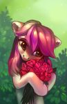  2016 bouquet cute earth_pony equine eyebrows eyelashes female feral floppy_ears flower friendship_is_magic green_background green_eyes hair half-length_portrait holding_object horse leaves mammal multicolored_hair my_little_pony pink_hair plant pony portrait rose rose_(mlp) sharedast simple_background solo two_tone_hair 