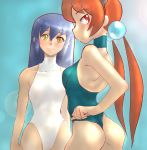  2girls agent_aika alisa_southerncross animal_ears artist_request ass bangs bare_arms bare_back bare_legs bare_shoulders blue_hair blue_swimsuit blush cropped_legs crossover delmo eyebrows eyebrows_visible_through_hair fake_animal_ears female golden_delmo hair_bobbles hair_ornament hairband keroro_gunsou legs long_hair looking_at_viewer looking_back low_twintails multiple_girls one-piece_swimsuit orange_hair outdoors petoriyacowa_rie pixiv simple_background sky sleeveless smile standing swimsuit twintails 