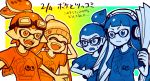  2boys 2girls :d ^_^ ^o^ blue_eyes blue_hair blue_shirt bobble-chan_(splatoon) bobblehat commentary_request domino_mask eyes_closed fan fangs frown glasses glasses-kun_(splatoon) goggle-kun_(splatoon) goggles goggles_on_head gradient gradient_background headphone-chan_(splatoon) headphones inkling kuuuuuuran mask multiple_boys multiple_girls open_mouth orange_eyes orange_hair orange_shirt paper_fan shirt smile splatoon splatoon_(manga) t-shirt tentacle_hair translation_request upper_body 