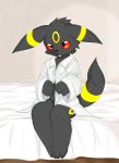  2013 ambiguous_gender anthro anthrofied bed black_fur black_nose blush clothed clothing eeveelution fur looking_at_viewer markings nekonade nintendo open_mouth pajamas pok&eacute;mon pok&eacute;mon_(species) red_eyes sitting solo umbreon video_games yellow_markings 