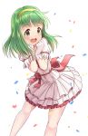  :d blush brown_eyes commentary_request confetti dress gloves green_hair hairband highres idolmaster idolmaster_(classic) long_hair looking_at_viewer mimikaki_(men_bow) mole mole_under_mouth open_mouth otonashi_kotori puffy_short_sleeves puffy_sleeves short_sleeves smile solo upper_teeth white_background white_dress white_gloves yellow_hairband 
