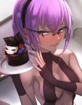  announ_(kurotya) bare_shoulders black_hairband blush breasts cake center_opening fate/grand_order fate_(series) food glasses hairband hassan_of_serenity_(fate) holding medium_breasts purple_eyes purple_hair short_hair 