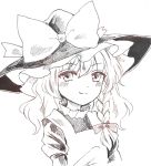  braid commentary dress greyscale hat juliet_sleeves kirisame_marisa long_hair long_sleeves looking_at_viewer monochrome puffy_sleeves side_braid single_braid smile solo the_embodiment_of_scarlet_devil touhou wavy_hair witch_hat yururi_nano 