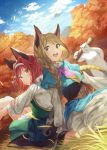  animal_ears autumn bear black_eyes blonde_hair braid cloud corset day dutch_angle forest grass headband highres kururi log long_hair looking_at_viewer looking_to_the_side mountain multiple_girls nature official_art open_mouth red_hair seiza shirokuma_tensei short_hair sitting skirt sky smile tree twin_braids 