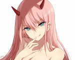  aqua_eyes bangs bison_cangshu breasts darling_in_the_franxx finger_to_mouth horns medium_breasts pink_hair simple_background solo tongue tongue_out white_background zero_two_(darling_in_the_franxx) 